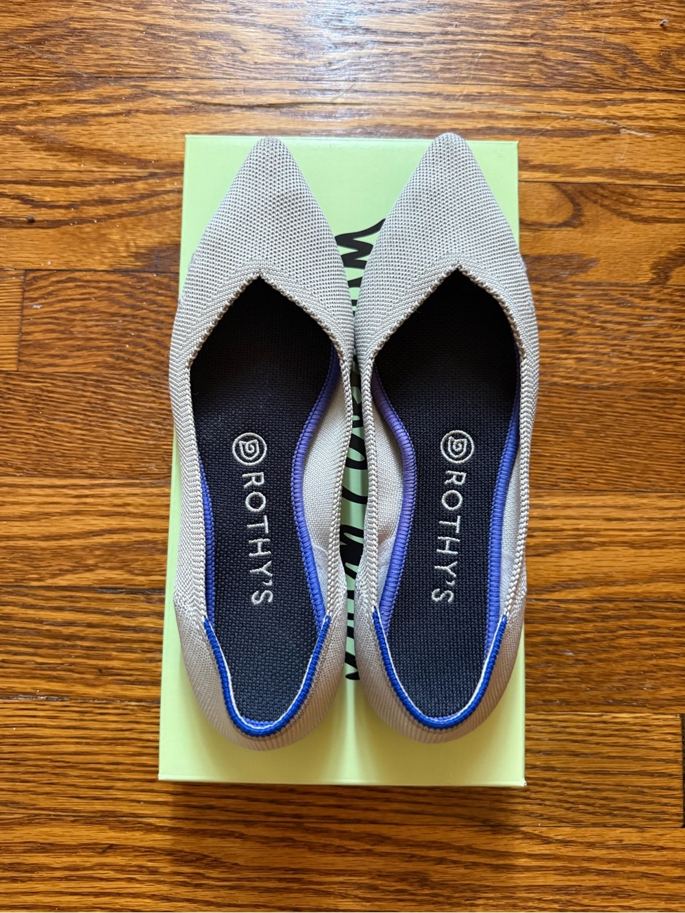 Rothy's Pointed Toe Flats in Light Gray with Blue Trim